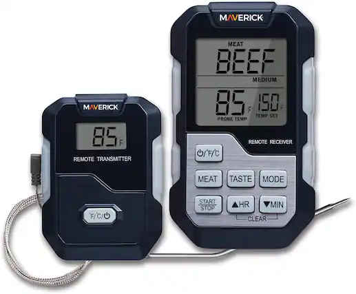 MAVERICK 85 F REMOTE TRANSMITTER
MEAT BEEF MEDIUM
85 F TEMP SET
PROBE TEMP 85 F
150 F
REMOTE RECEIVER
O/F/C
MEAT TASTE MODE
F/C/O
START STOP
HR MIN
CLEAR