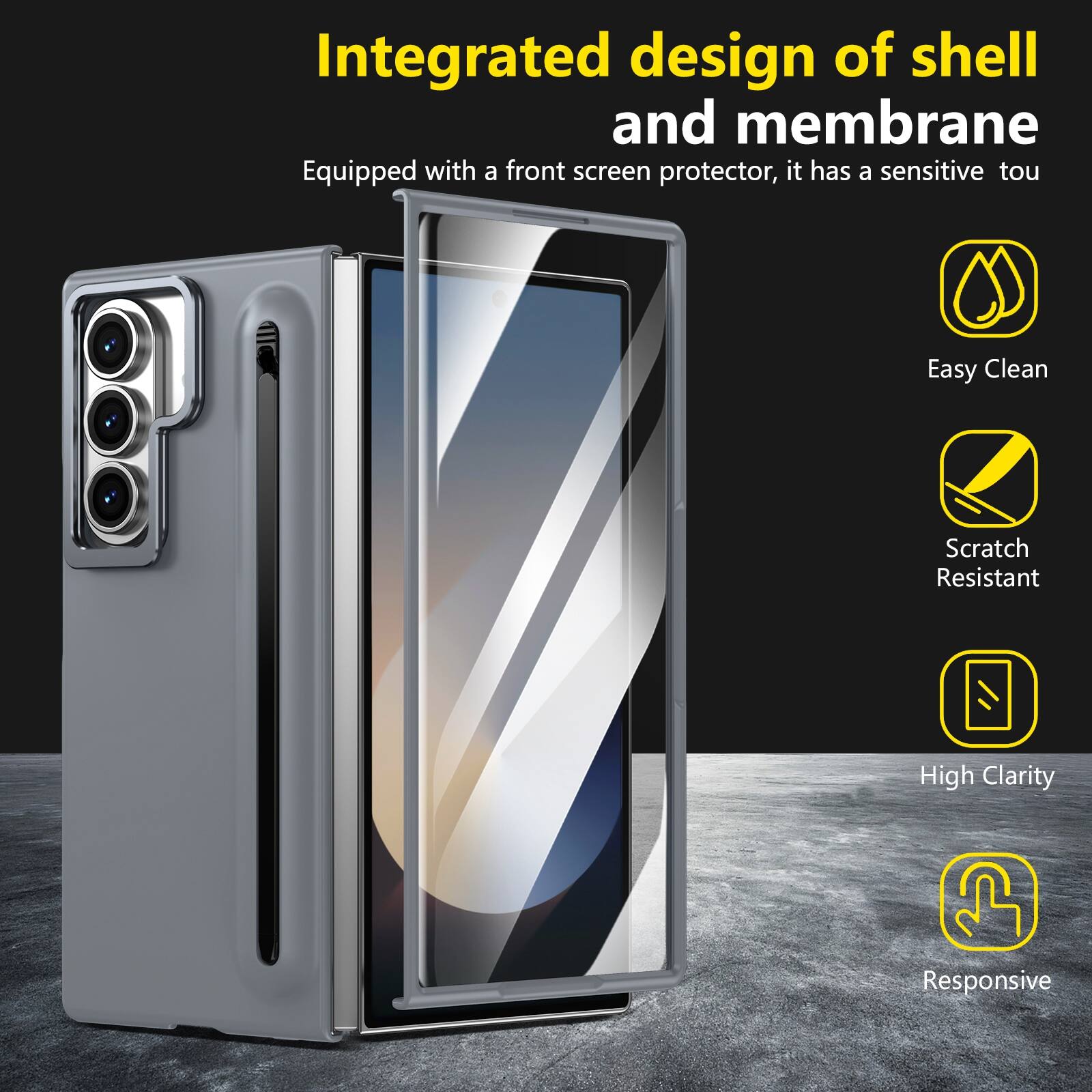 Integrated design of shell and membrane  
Equipped with a front screen protector, it has a sensitive touch  
Easy Clean  
Scratch Resistant  
High Clarity  
Responsive
