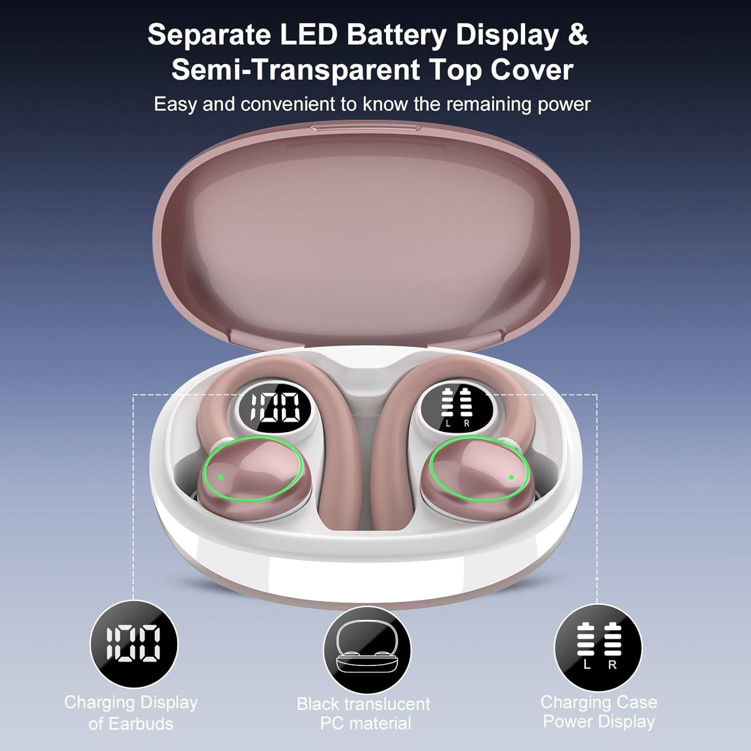 Separate LED Battery Display & Semi-Transparent Top Cover  
Easy and convenient to know the remaining power  

Charging Display of Earbuds  
Black translucent PC material  
Charging Case Power Display