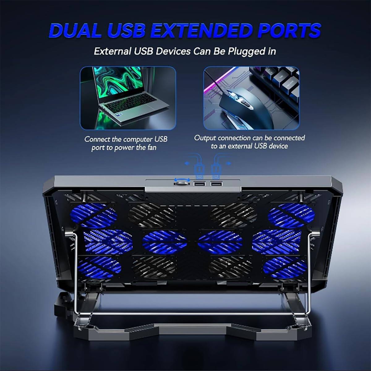 DUAL USB EXTENDED PORTS  
External USB Devices Can Be Plugged in  

Connect the computer USB port to power the fan  

Output connection can be connected to an external USB device