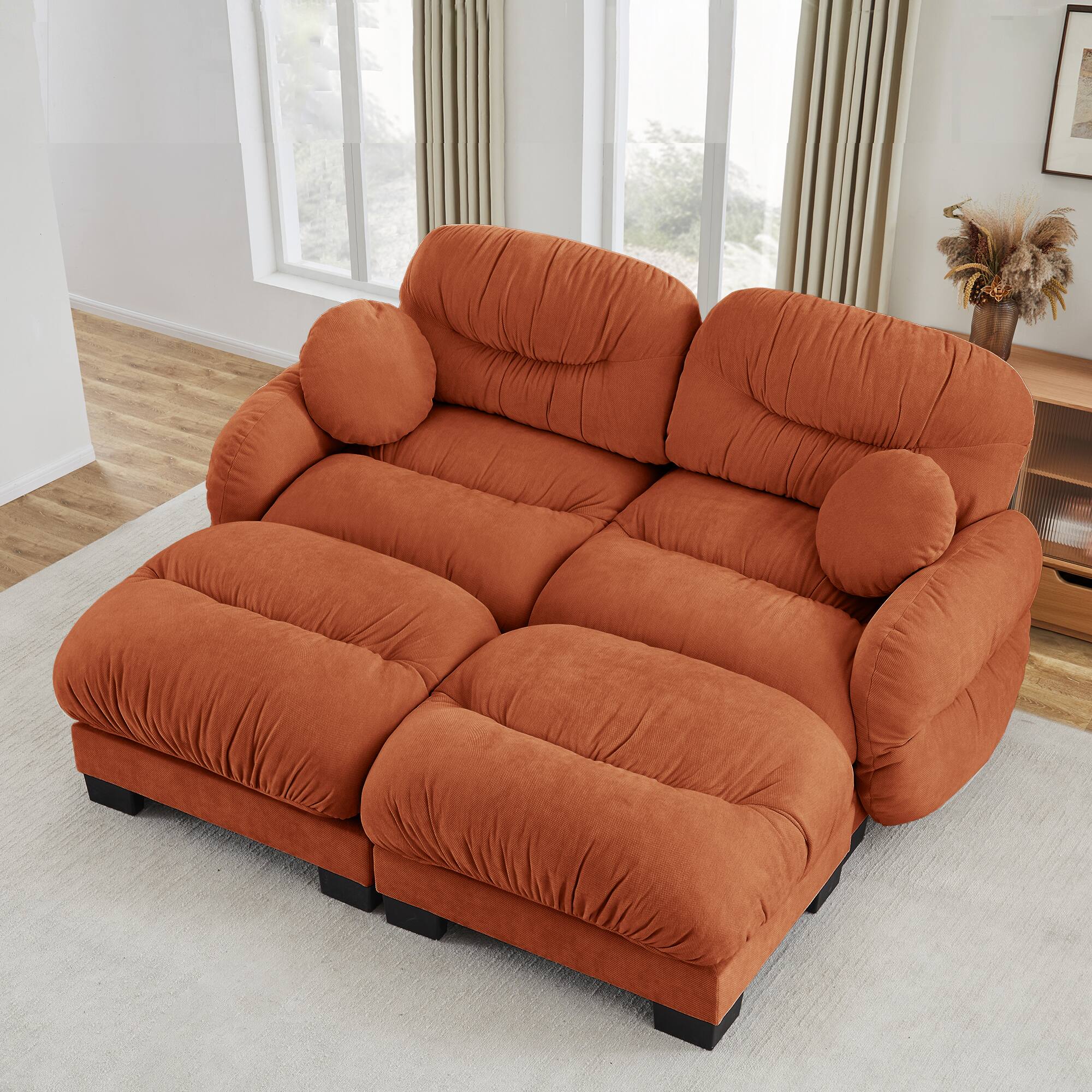 Anysun - L Shape 2-Seater Modular Sofa with 2 Ottomans, High-Density Foam & Curved Armrests, Pleated Design for Living Room - Orange