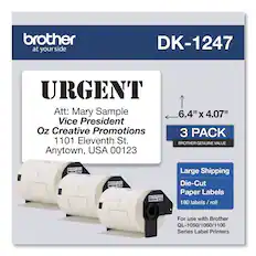 brother
at your side
DK-1247
URGENT
Att: Mary Sample
Vice President
Oz Creative Promotions
1101 Eleventh St.
Anytown, USA 00123
3 PACK
BROTHER GENUINE VALUE
Large Shipping
Die-Cut
Paper Labels
180 labels / roll
For use with Brother QL-1050/1060/1100 Series Label Printers
6.4" x 4.07"
