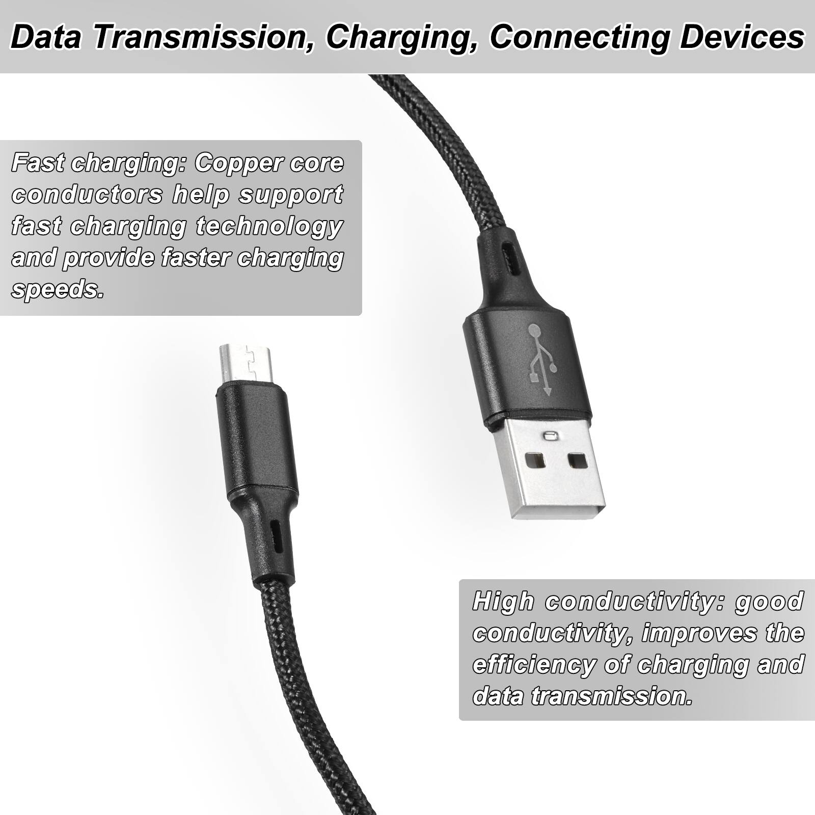 Data Transmission, Charging, Connecting Devices

Fast charging: Copper core conductors help support fast charging technology and provide faster charging speeds.

High conductivity: good conductivity, improves the efficiency of charging and data transmission.