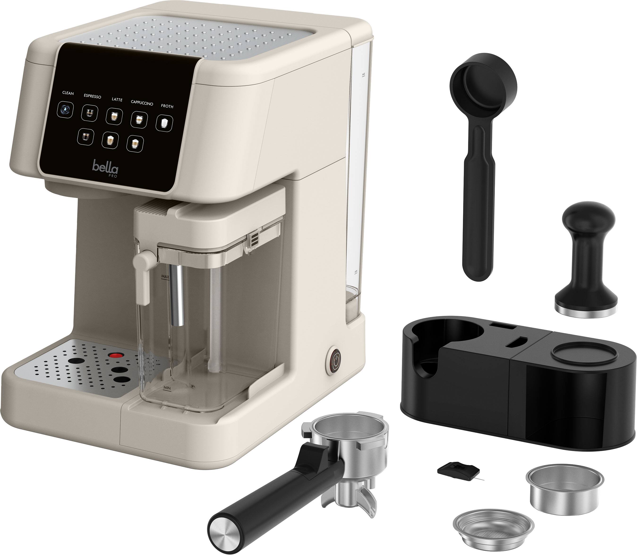 Sure, here is the corrected and grouped text from the image:

**Bella Pro**

**Buttons:**
- Clean
- Espresso
- Latte
- Cappuccino
- Froth

**Additional Items:**
- Black handle
- Black scoop
- Black tray
- Silver portafilter
- Silver filter basket
- Silver tamper