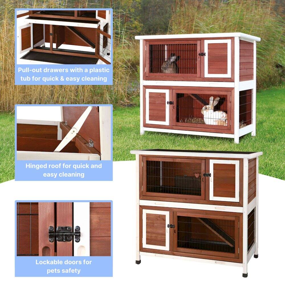 Pull-out drawers with a plastic tub for quick & easy cleaning  
Hinged roof for quick and easy cleaning  
Lockable doors for pets safety
