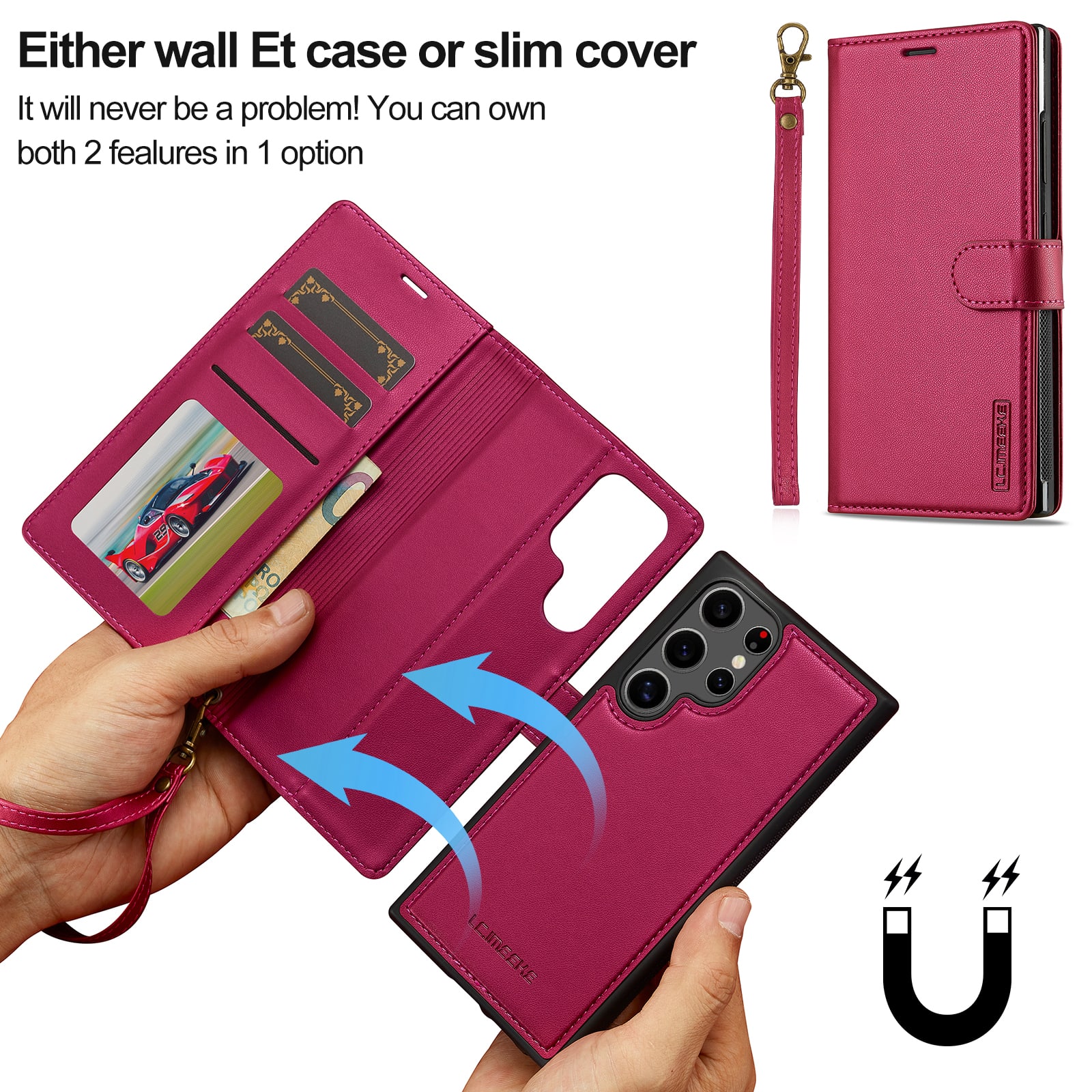 Dteck - For Samsung Galaxy S26 Ultra Premium PU Leather Detachable Folio Card Slots Wallet Phone Case With Wrist Strap - Red