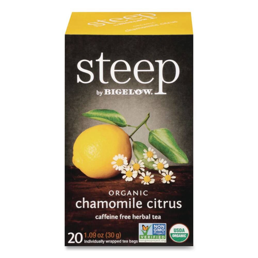 Steep by Bigelow Organic Chamomile Citrus Caffeine Free Herbal Tea, Non-GMO, USDA Organic, Verified Organic, 1.09 oz (30g), 20 Individually Wrapped Tea Bags, nongmoproject.org