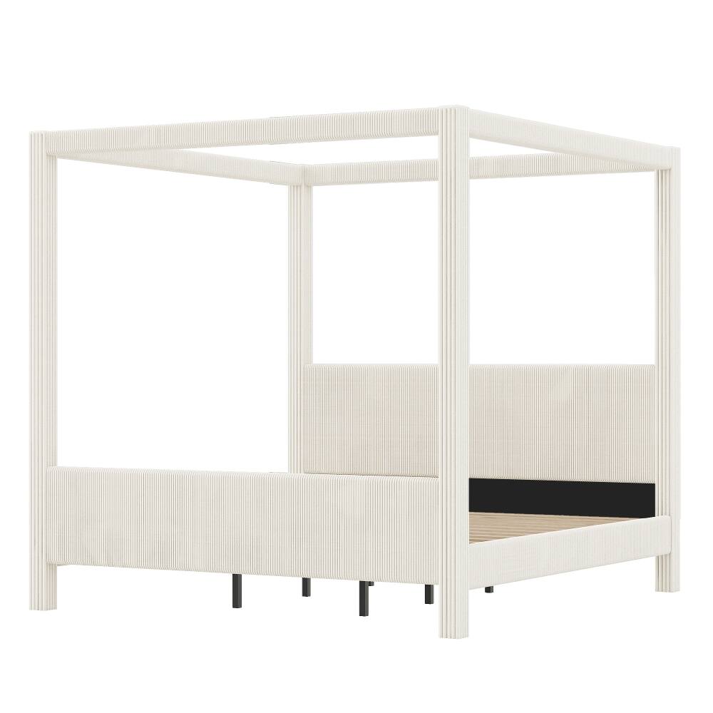 Alt View 8. Loheer - Loheer King Size Canopy Bed Upholstered Platform Bed Corduroy Beige - Beige.