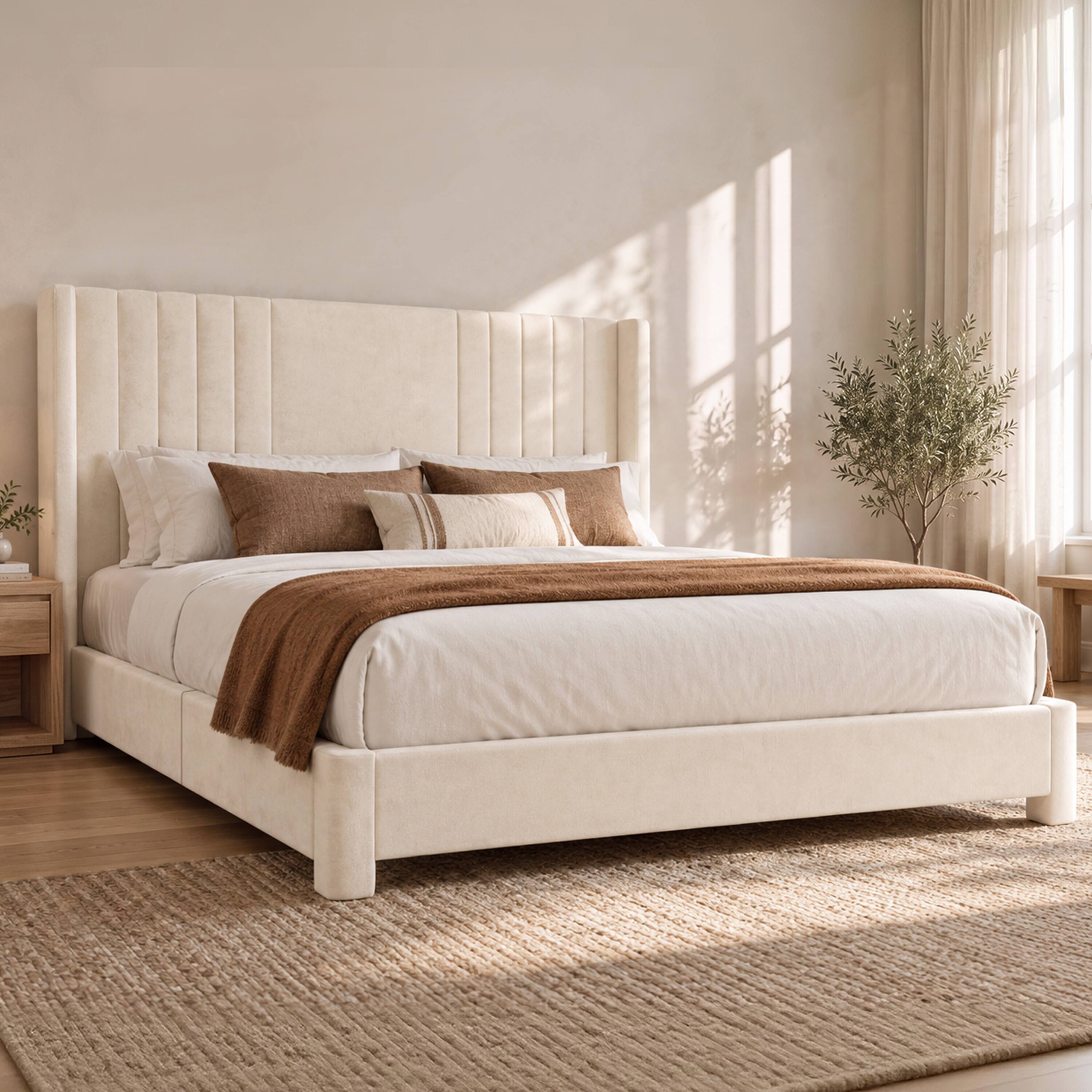 Left. Vipbear - Velvet Highback Bed Frame, Upholstered Platform Bed with Sturdy Wood Slats, No Box Spring Needed, Noise-Free - Off-white.