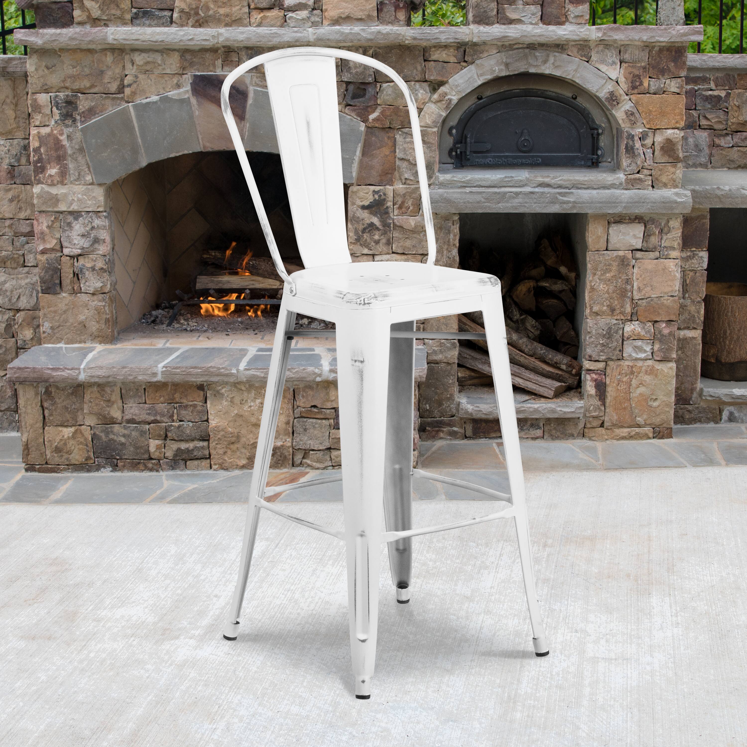 Alt View 1. Emma + Oliver - Commercial Grade 30"H Distressed Colorful Metal Indoor-Outdoor Barstool w/ Back - White.
