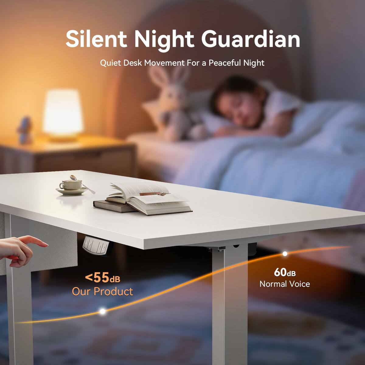 Silent Night Guardian  
Quiet Desk Movement For a Peaceful Night  

<55dB  
Our Product  

60dB  
Normal Voice