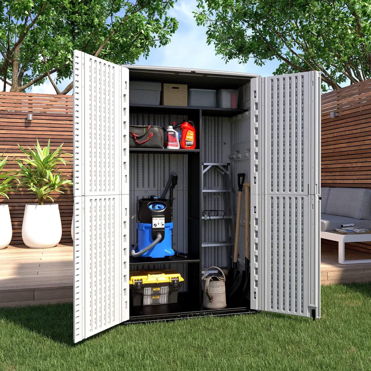 Back. Yardgrace - 66 Cu.ft Waterproof Resin Vertical Storage Shed with 4 shelves, Outdoor Storage Box for Garden, Backyard, Home & Poo - White.