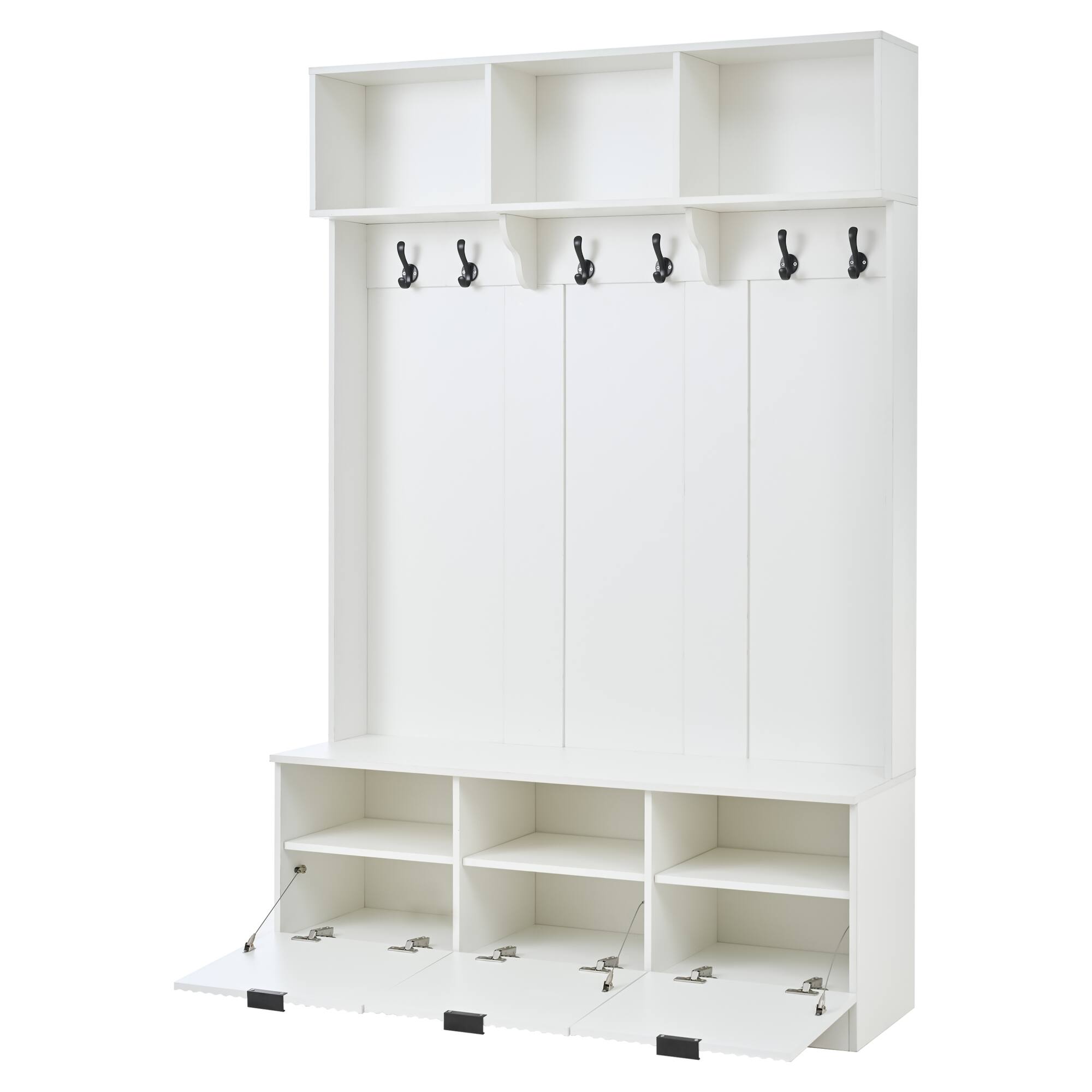 Angle. GOODSILO - Three-Drawer Entryway Storage Cabinet with Open Shelving and Hooks for Organized Home Entry Solutions - White.