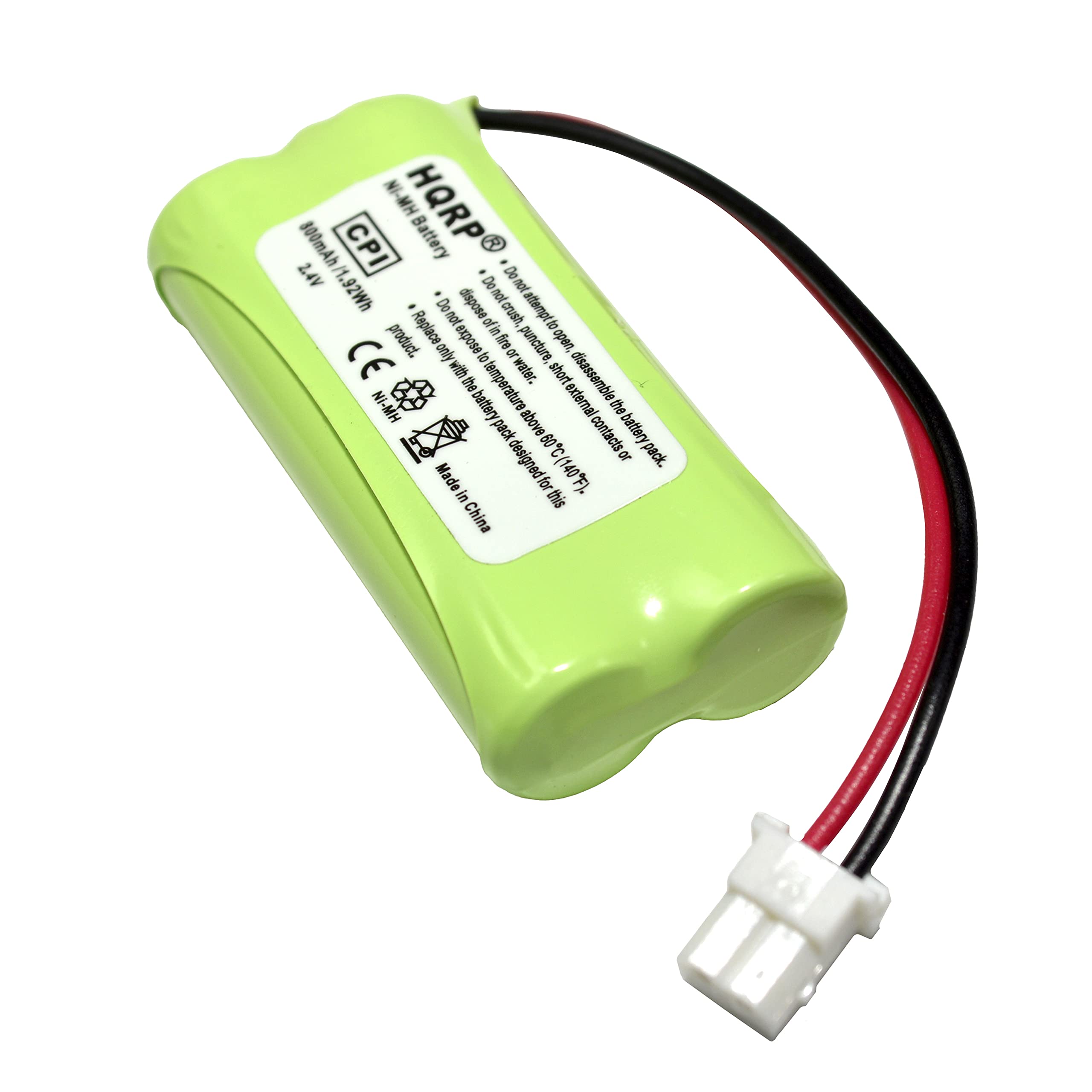 NI-MH HQRP 800mAh CPI Battery - 24V - 1.92Wh  
Do not dispose of in fire, puncture, or short circuit.  
Do not disassemble the battery pack.  
Do not expose to temperature above 140°F (60°C).  
Made in China