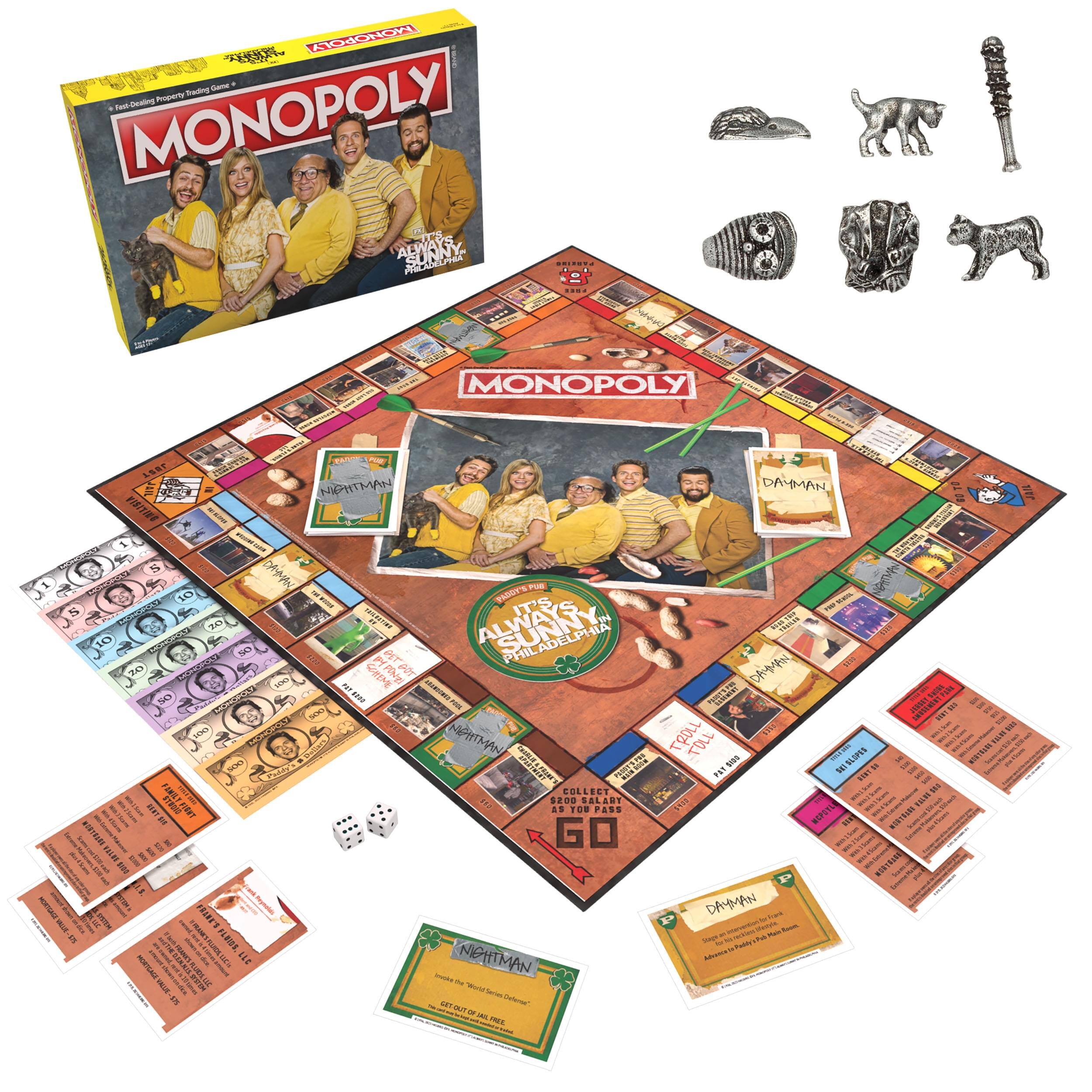 MONOPOLY  
It's Always Sunny in Philadelphia  
The Official Property Trading Game  

MONOPOLY  
It's Always Sunny in Philadelphia  

NIGHTMAN  
Introducing the World's First "Nightman"  
Get Out of Jail Free  

DAYMAN  
Introducing the World's First "Dayman"  
Get Out of Jail Free  

GO