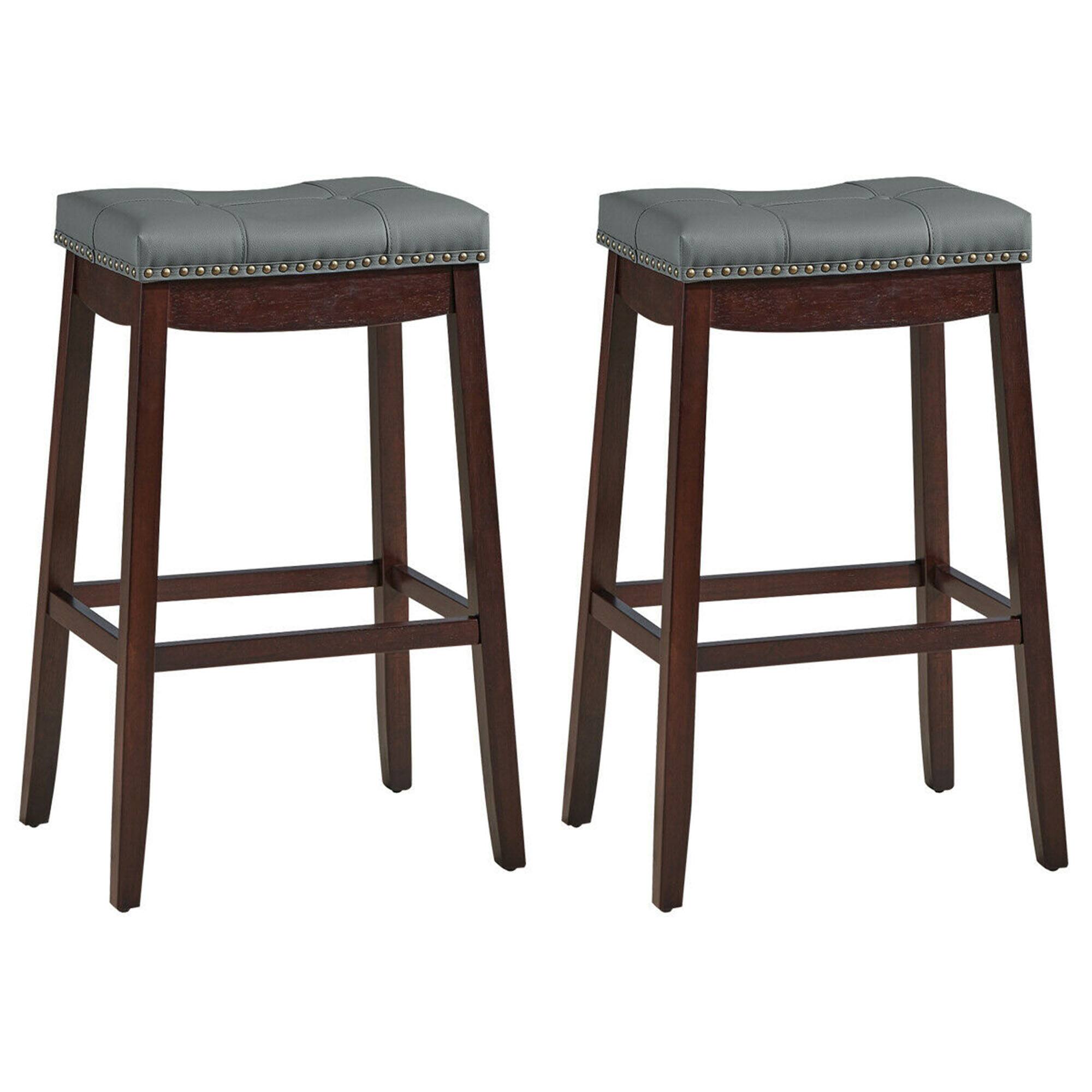 Gymax - Set of 2 Nailhead Saddle Bar Stools 29'' Pub Chairs with Rubber Wood Legs Brown - as pic