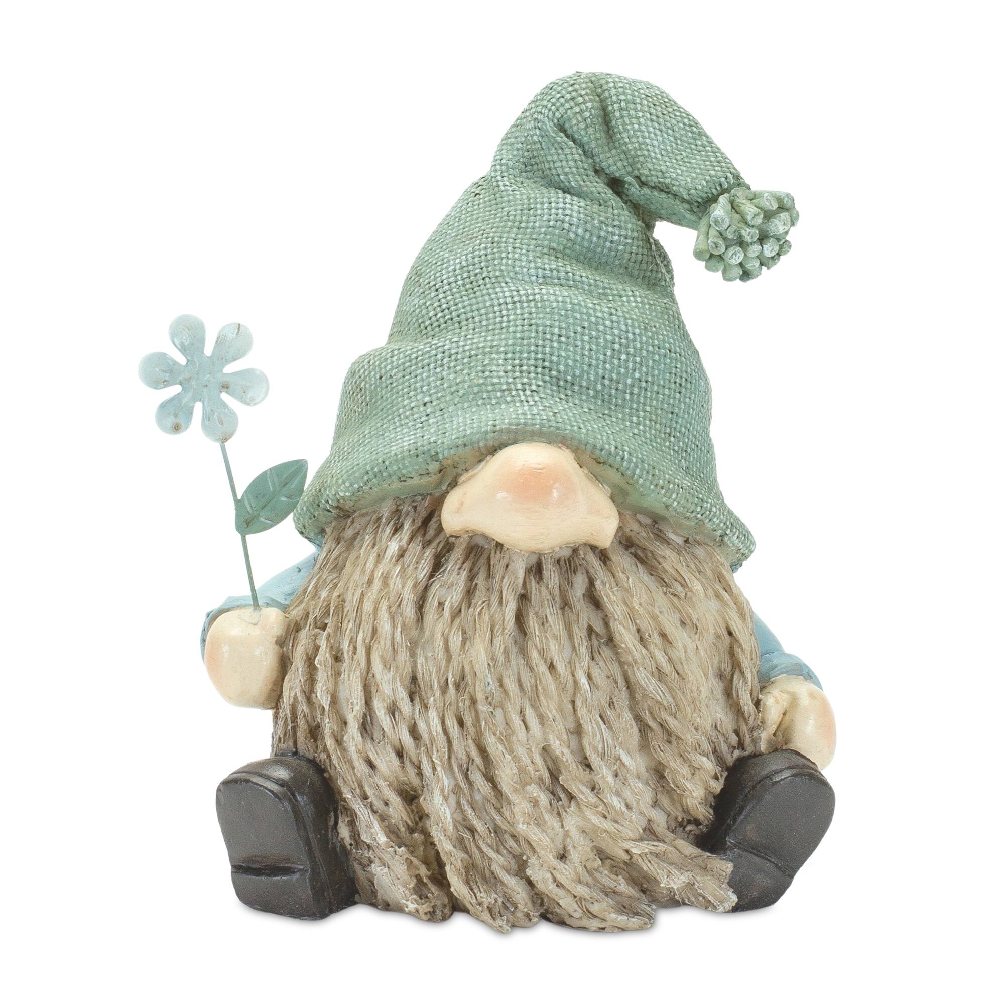Back. BreeBe - Stone Garden Gnome Figurine with Flower Stem Accent (Set of 4) - Green.