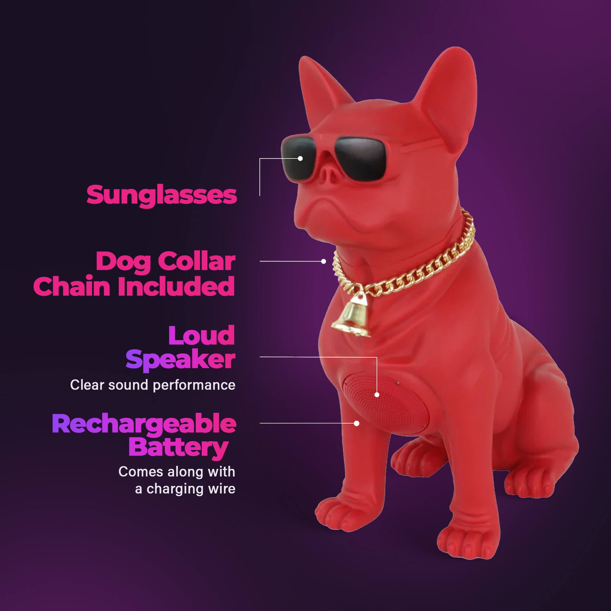 Sunglasses  
Dog Collar Chain Included  
Loud Speaker  
Clear sound performance  
Rechargeable Battery  
Comes along with a charging wire