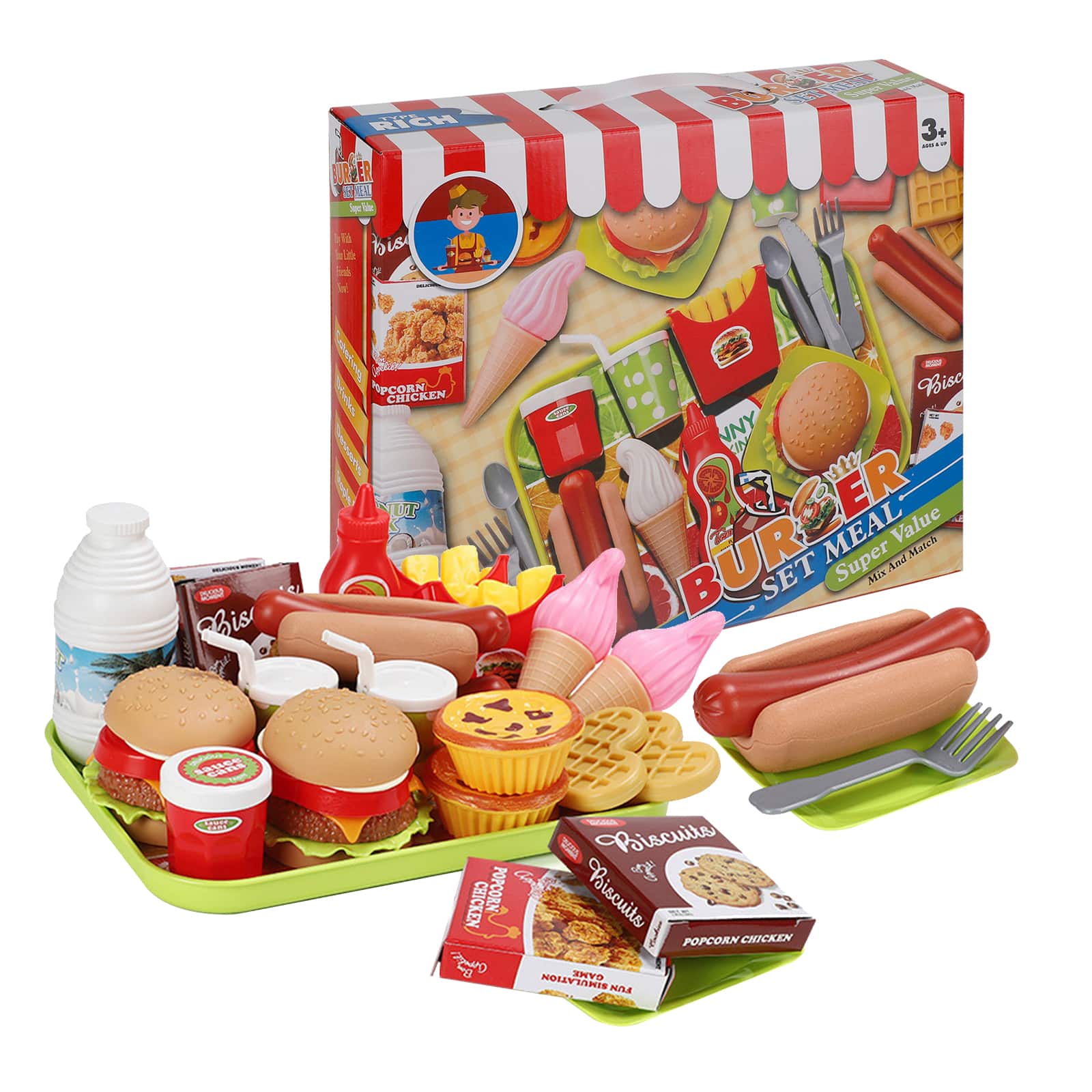 Topteng - 30-Piece Fast Food Play Set - Pretend Toys with Burger, Waffles & Fries, Educational Kitchen Role-Play for Kids