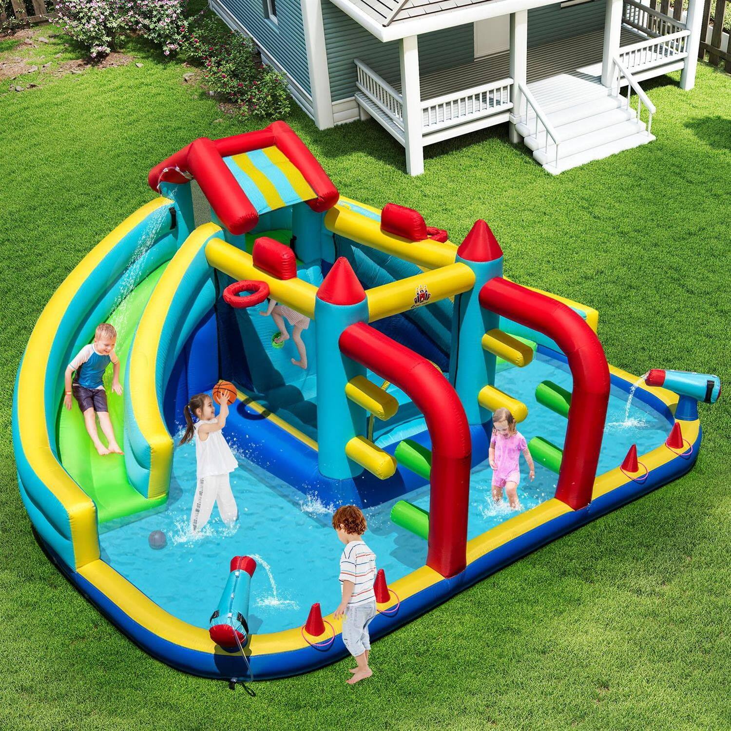 Alt View 2. Pefilos - Inflatable Double Water Slide, Dual Basketball Hoops + Ring Toss, Obstacle Course, Indoor & Outdoor Play, Multicolor - Multicolor.