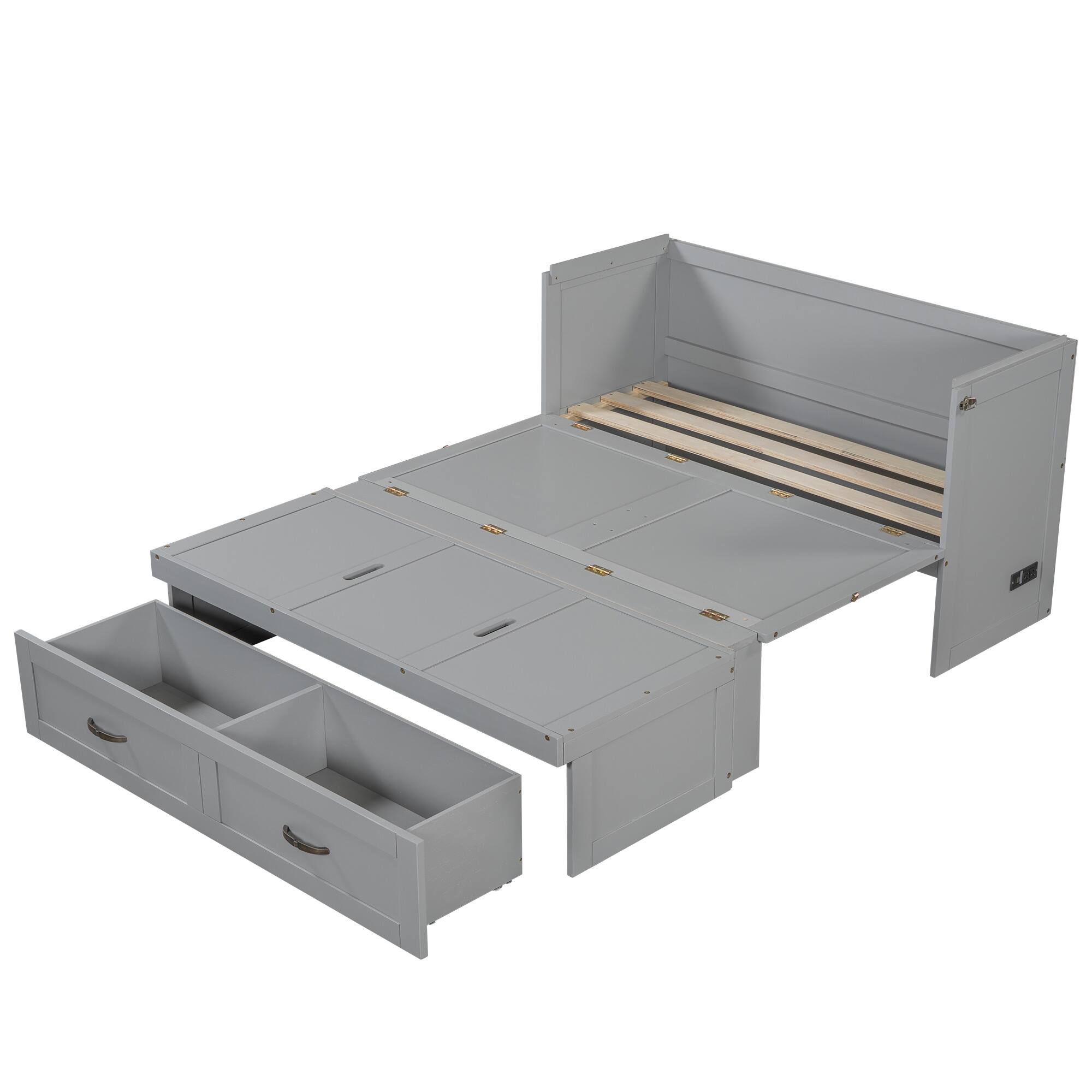 Alt View 4. Tiramisubest - Full Size Gray Murphy Bed with USB Ports, Drawers & Metal Handles, Solid Wood + MDF - Gray.