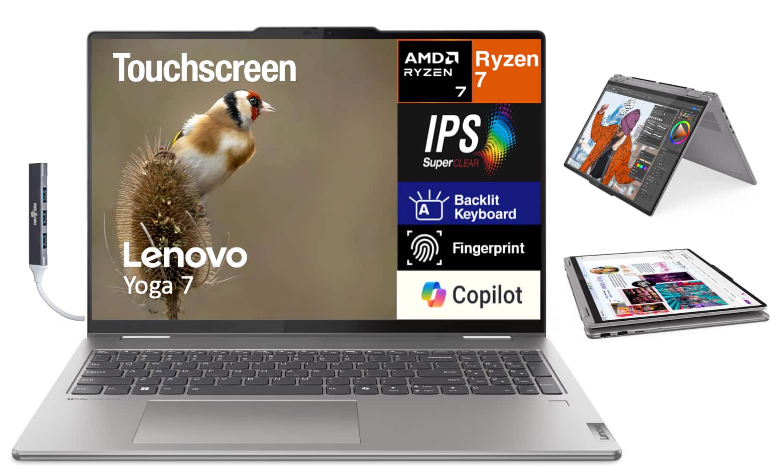 Lenovo - Yoga 7 2-in-1 Laptop 16.0 WUXGA (AMD Ryzen 7 8840HS, 16GB LPDDR5X, Win 11 Pro) w/USB Hub - Arctic Grey