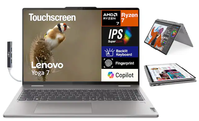 Touchscreen
AMD Ryzen 7
IPS SuperCLEAR
Backlit Keyboard
Fingerprint
Copilot
Lenovo Yoga 7