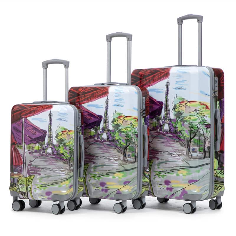 HTUTWOO - PC Spinner Wheel Luggage 3-Piece Set - 20"/24"/28" Carry On Suitcase, Printed Pattern with Combination Lock - Coffee