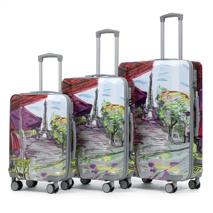Front. HTUTWOO - PC Spinner Wheel Luggage 3-Piece Set - 20"/24"/28" Carry On Suitcase, Printed Pattern with Combination Lock - Coffee.