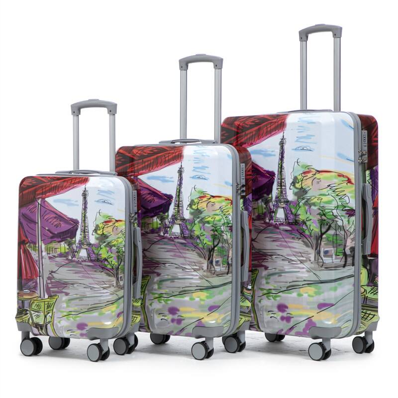 Front. HTUTWOO - PC Spinner Wheel Luggage 3-Piece Set - 20"/24"/28" Carry On Suitcase, Printed Pattern with Combination Lock - Coffee.