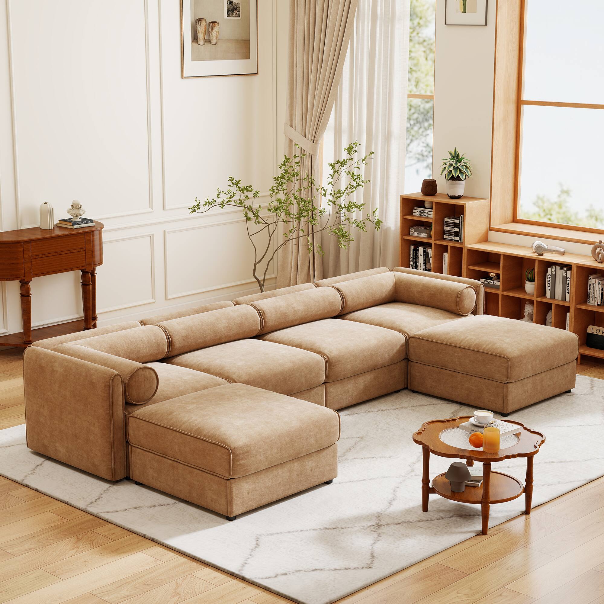 Anysun - U-Shape Modular Sectional Sofa with Storage Ottoman - Deep Seat, Cylindrical Backrest & Armrests, Convertible Design - Camel