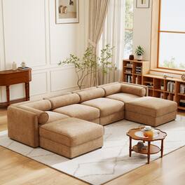 Anysun - U-Shape Modular Sectional Sofa with Storage Ottoman - Deep Seat, Cylindrical Backrest & Armrests, Convertible Design - Camel