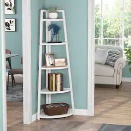 Tribesigns - Corner Bookshelf with Metal Frame, Storage Shelves and Space-Saving Design for Living Room and Bedroom - White