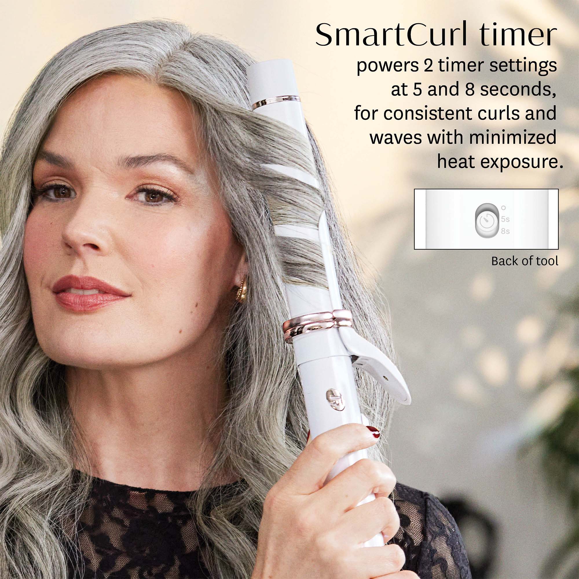 SmartCurl timer powers 2 timer settings at 5 and 8 seconds, for consistent curls and waves with minimized heat exposure.

Back of tool
