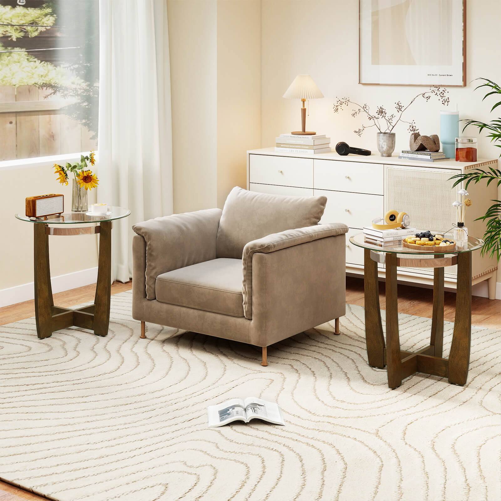 Alt View 3. Costway - Costway 1 PCS 24" Round Side Table Glass End Table with Tempered Glass Top Cross - Transparent & Walnut.