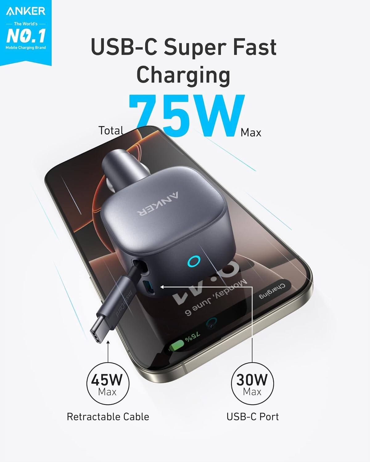 ANKER The World's NO.1 Mobile Charging Brand USB-C Super Fast Charging Total 75W Max

ANKER InstpCord

Retractable Cable 45W Max

USB-C Port 30W Max