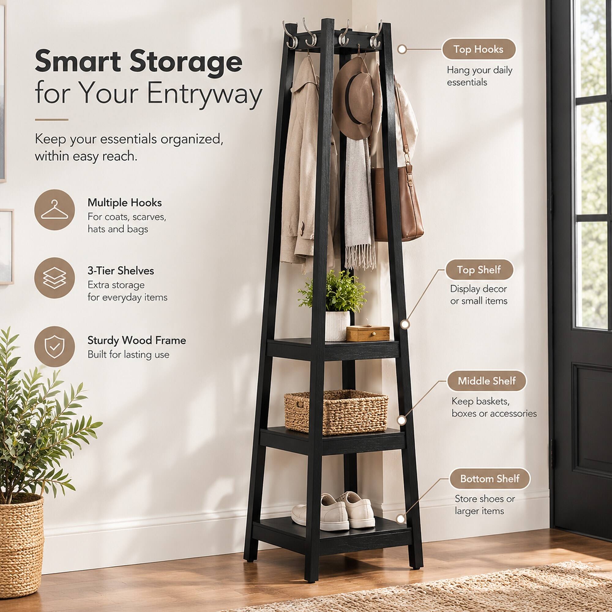 RYHNUYNE Vassen Wood Coat Rack, 3 Tier Storage Shelves, 17.5 x 17.5 x ...