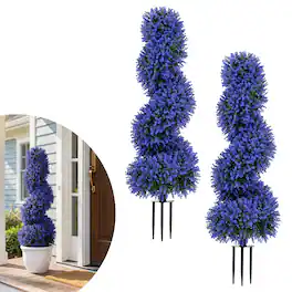 Gymax - Artificial Spiral Topiary Trees Set of 2 w/ Sun Protection & Ground Spikes - Purple