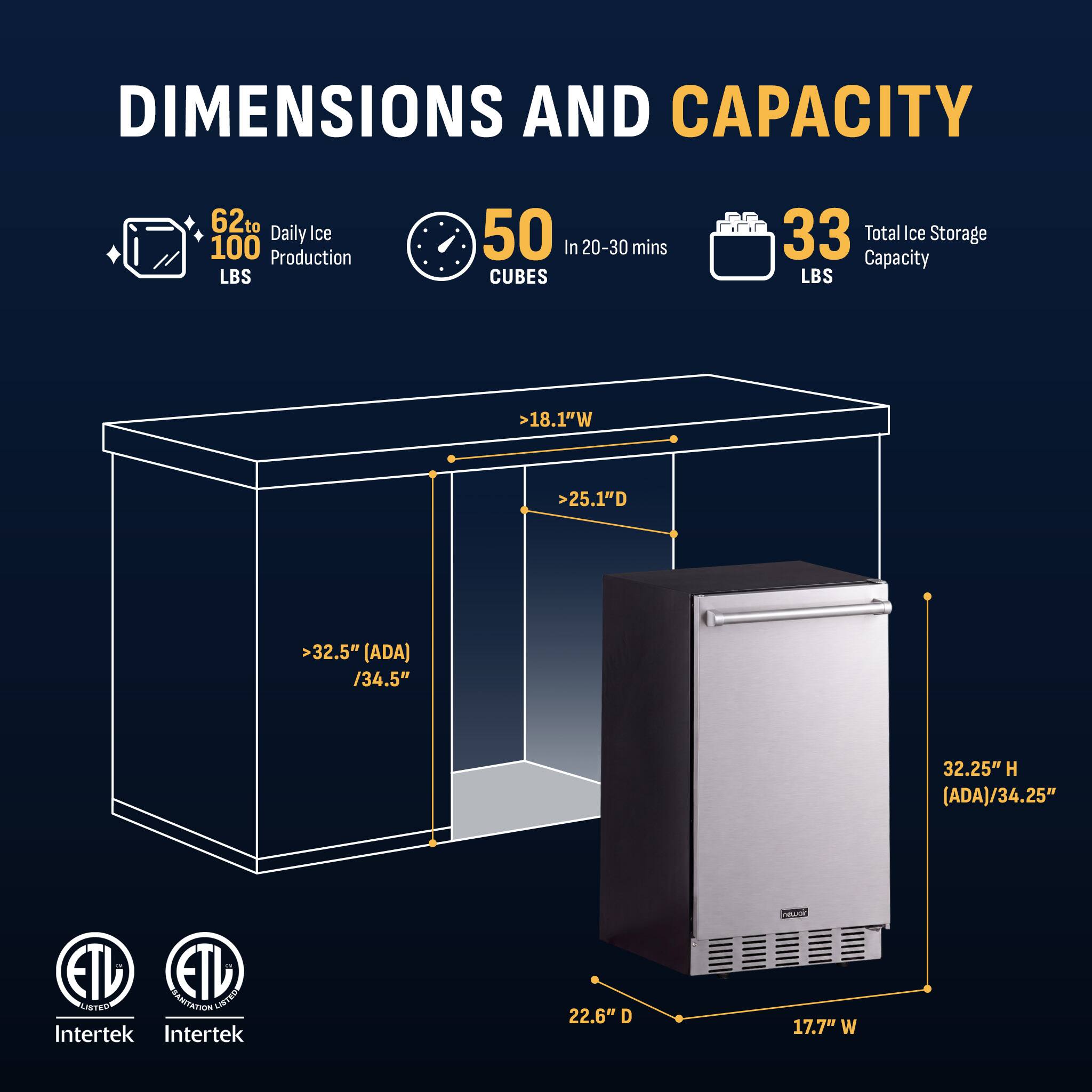 DIMENSIONS AND CAPACITY

- 62 to 100 Daily Ice Production LBS
- 50 CUBES In 20-30 mins
- 33 Total Ice Storage Capacity LBS

Dimensions:
- 18.1" W
- >25.1" D
- >32.5" (ADA) / 34.5" H (ADA) / 34.25"
- 22.6" D
- 17.7" W

FIL ETL LISTED
Intertek