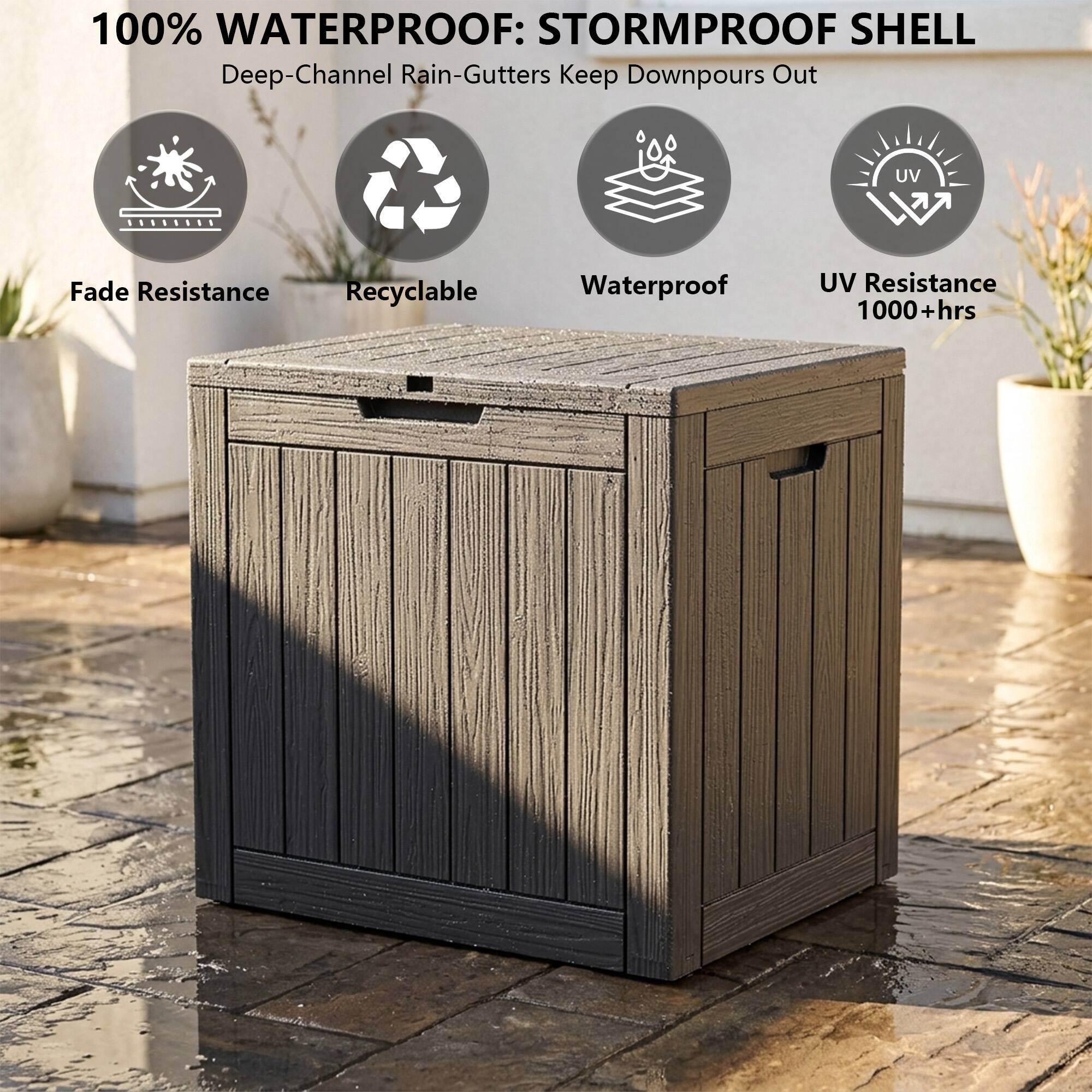 100% WATERPROOF: STORMPROOF SHELL  
Deep-Channel Rain-Gutters Keep Downpours Out

- Fade Resistance
- Recyclable
- Waterproof
- UV Resistance 1000+ hrs