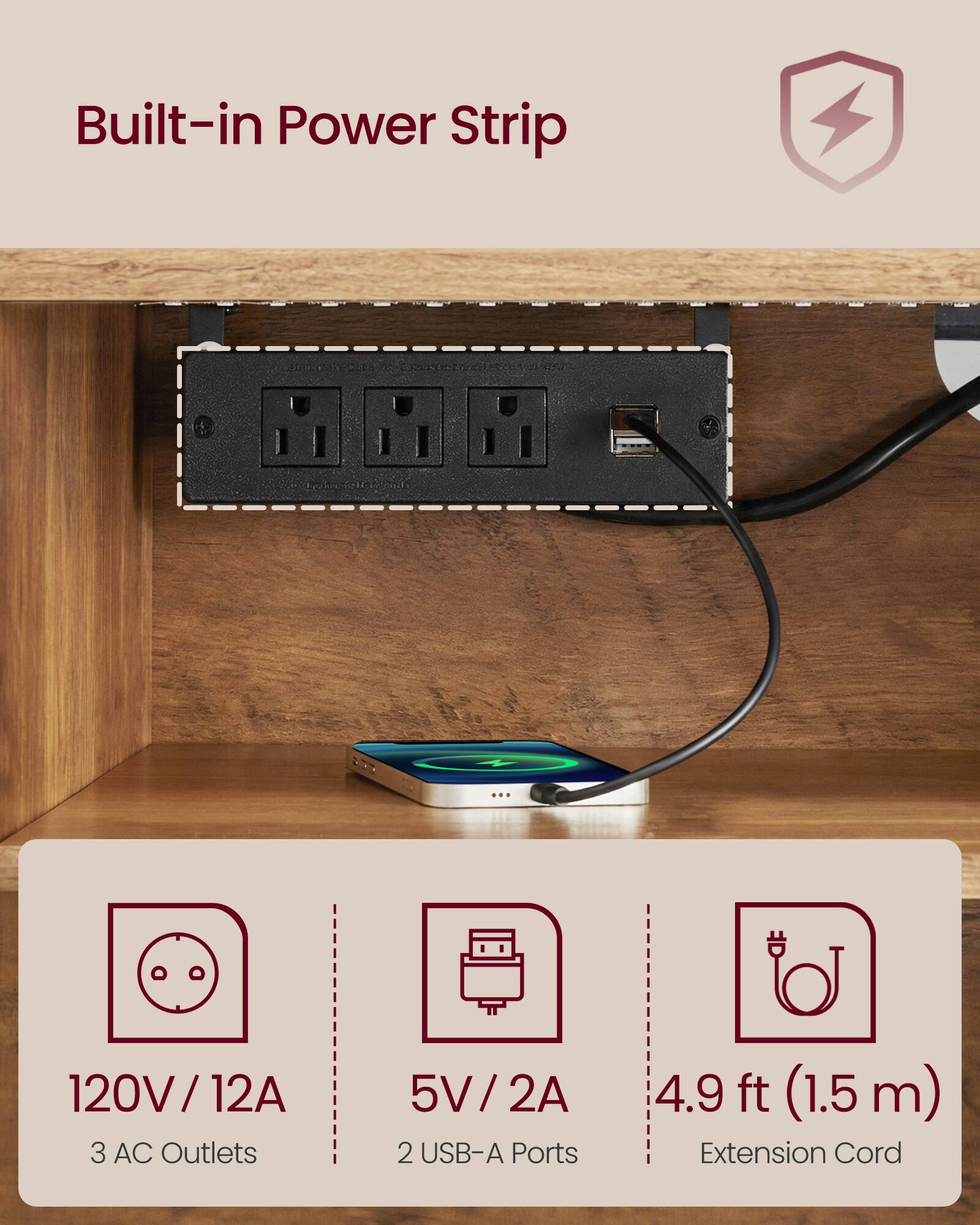 Built-in Power Strip

- 120V / 12A
  - 3 AC Outlets
- 5V / 2A
  - 2 USB-A Ports
- 4.9 ft (1.5 m) Extension Cord