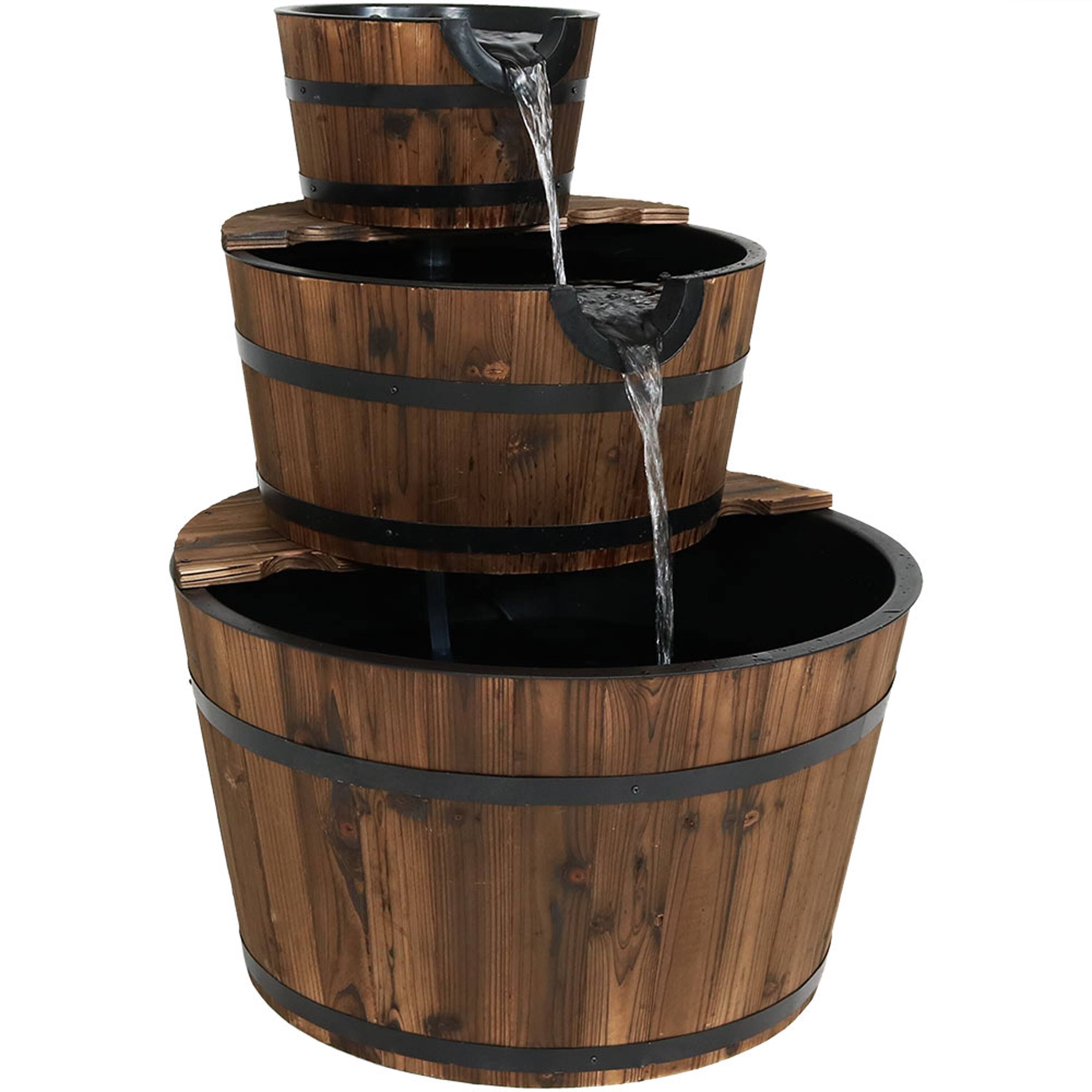 Front. Sunnydaze - Rustic 3-Tier Wooden Fir Barrel-Style Water Fountain - 30 in - Brown.