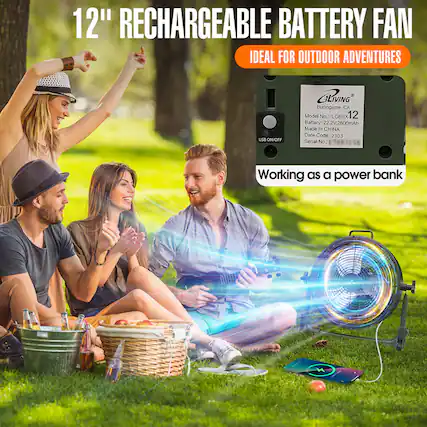 12" RECHARGEABLE BATTERY FAN
IDEAL FOR OUTDOOR ADVENTURES
USB ON/OFF
GiLIVING
Burlingame, CA
Model No.: ILG8RX12
Battery: 22.2V, 2600mAh
Made in CHINA
Date Code: 2303
Serial No.:
Working as a power bank