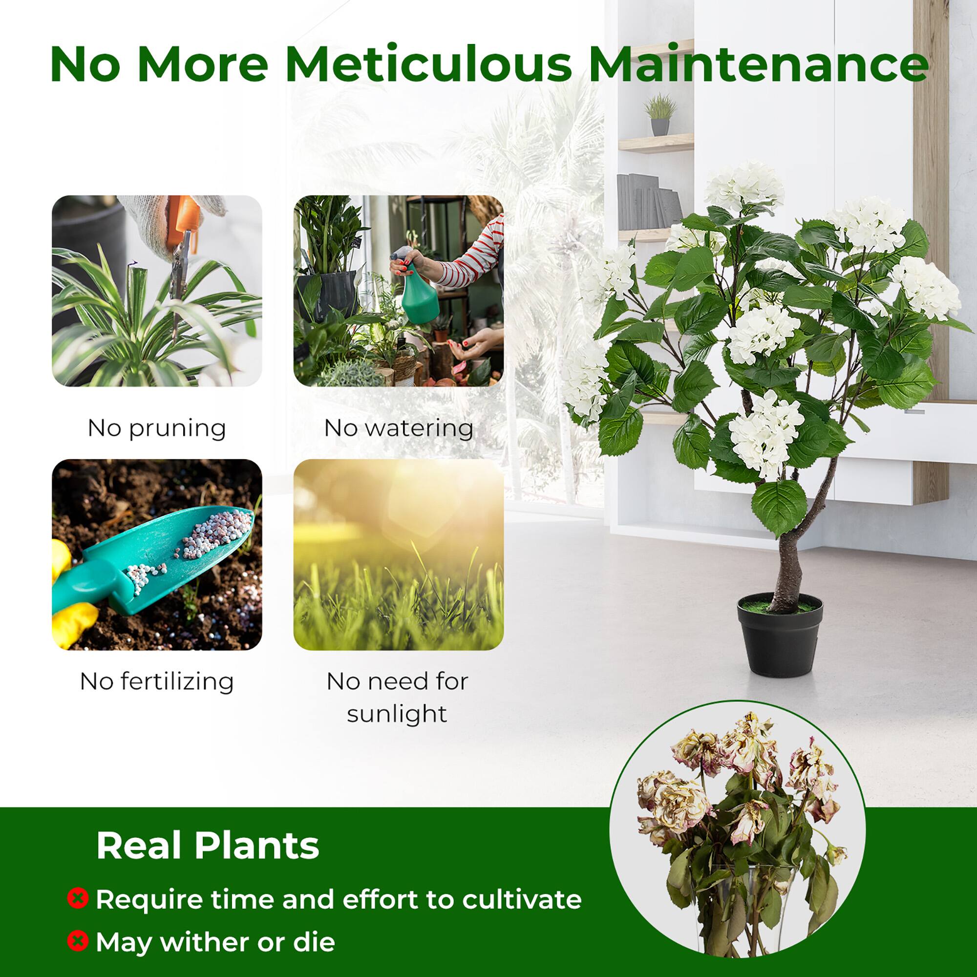 No More Meticulous Maintenance

- No pruning
- No watering
- No fertilizing
- No need for sunlight

Real Plants
- Require time and effort to cultivate
- May wither or die