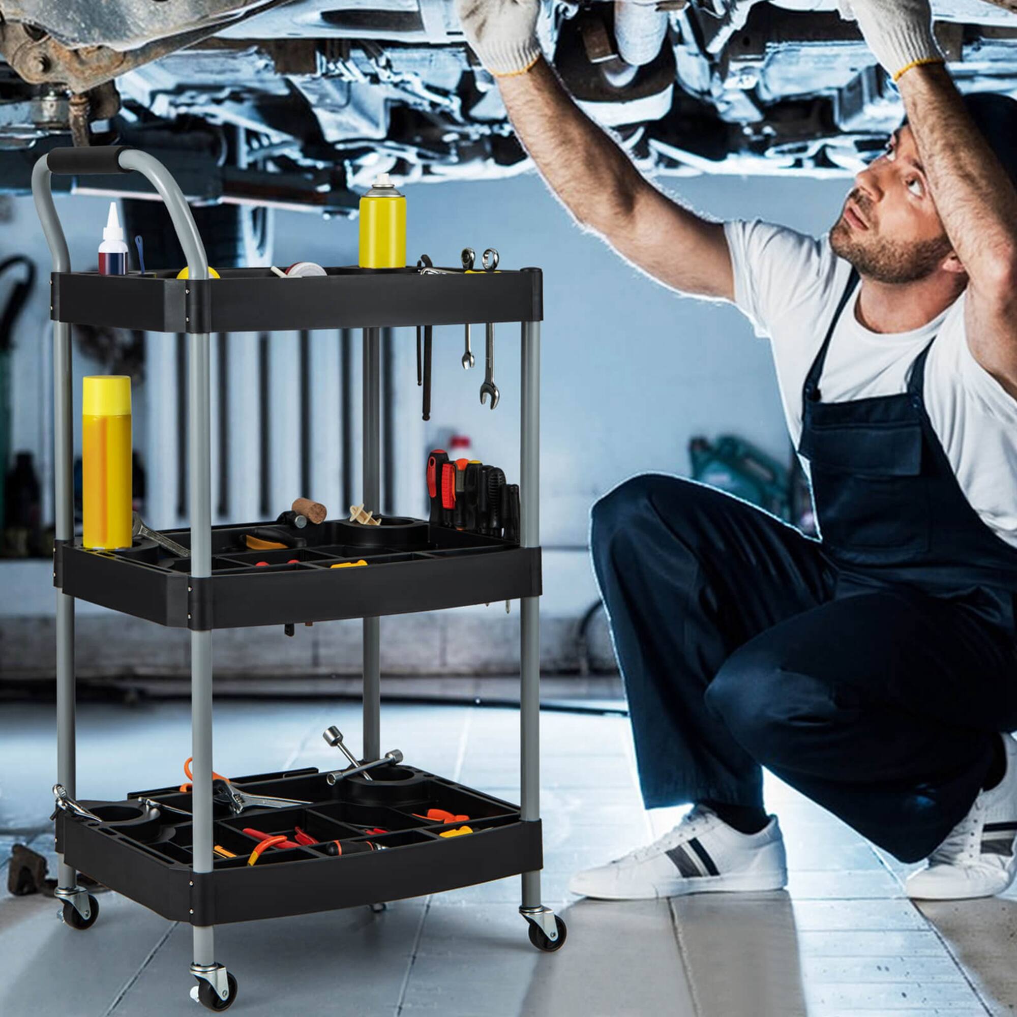 Alt View 1. Costway - Costway 3 Tier Rolling Tool Cart with Handle Tool Storage Slot Universal Wheels for Garage - Black.