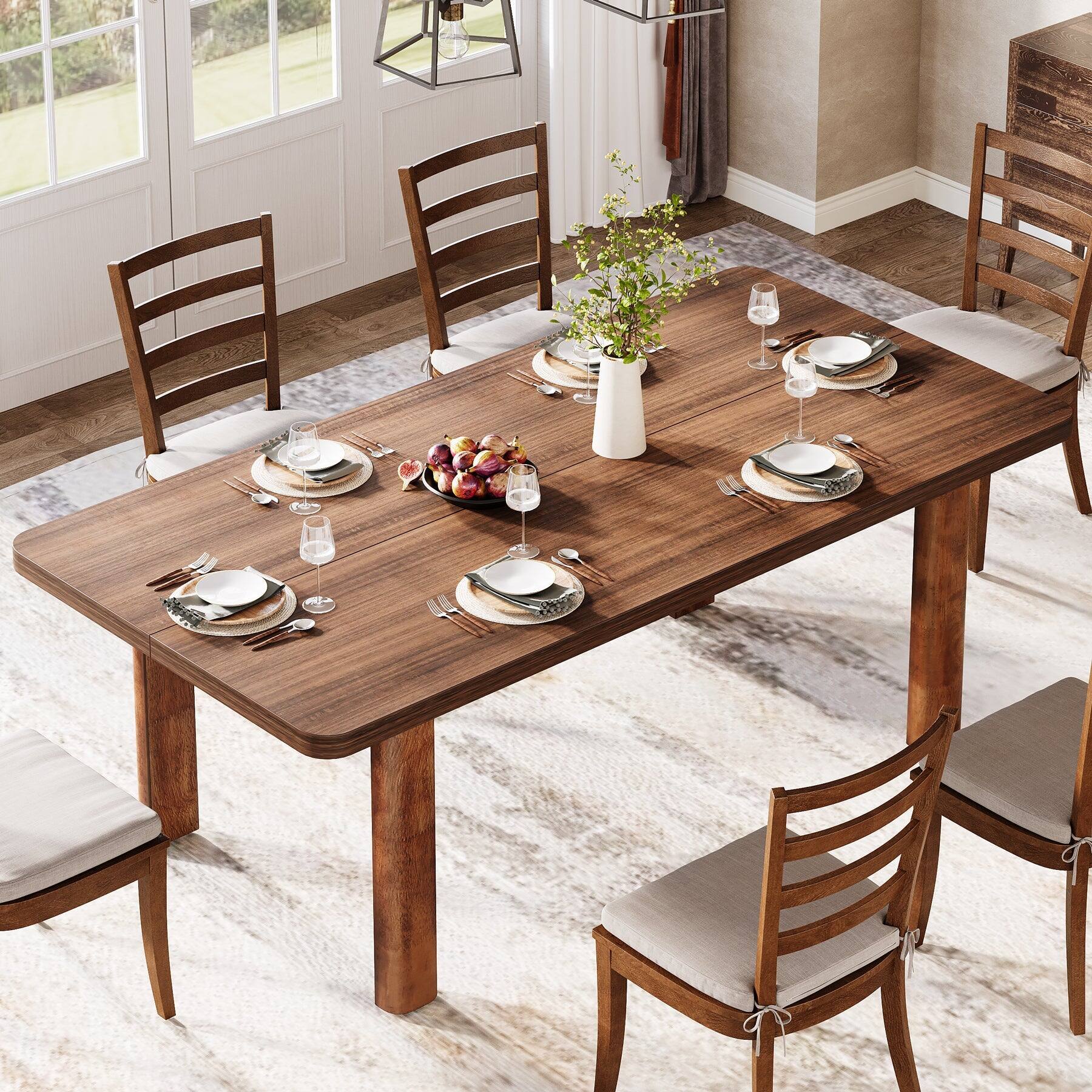 Angle. Tribesigns - Farmhouse Solid Wood Dining Table with Rectangular Top for Everyday Meals and Family Gatherings - Brown.