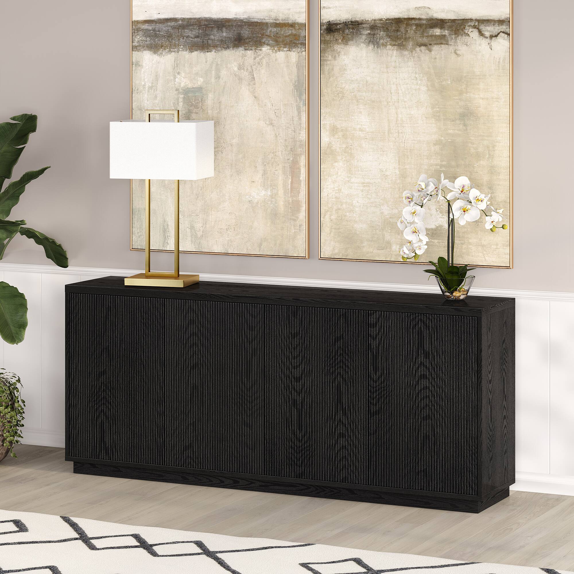 Angle. Hudson&Canal - Alston 68" Wide Rectangular Fluted Buffet Table - Black.
