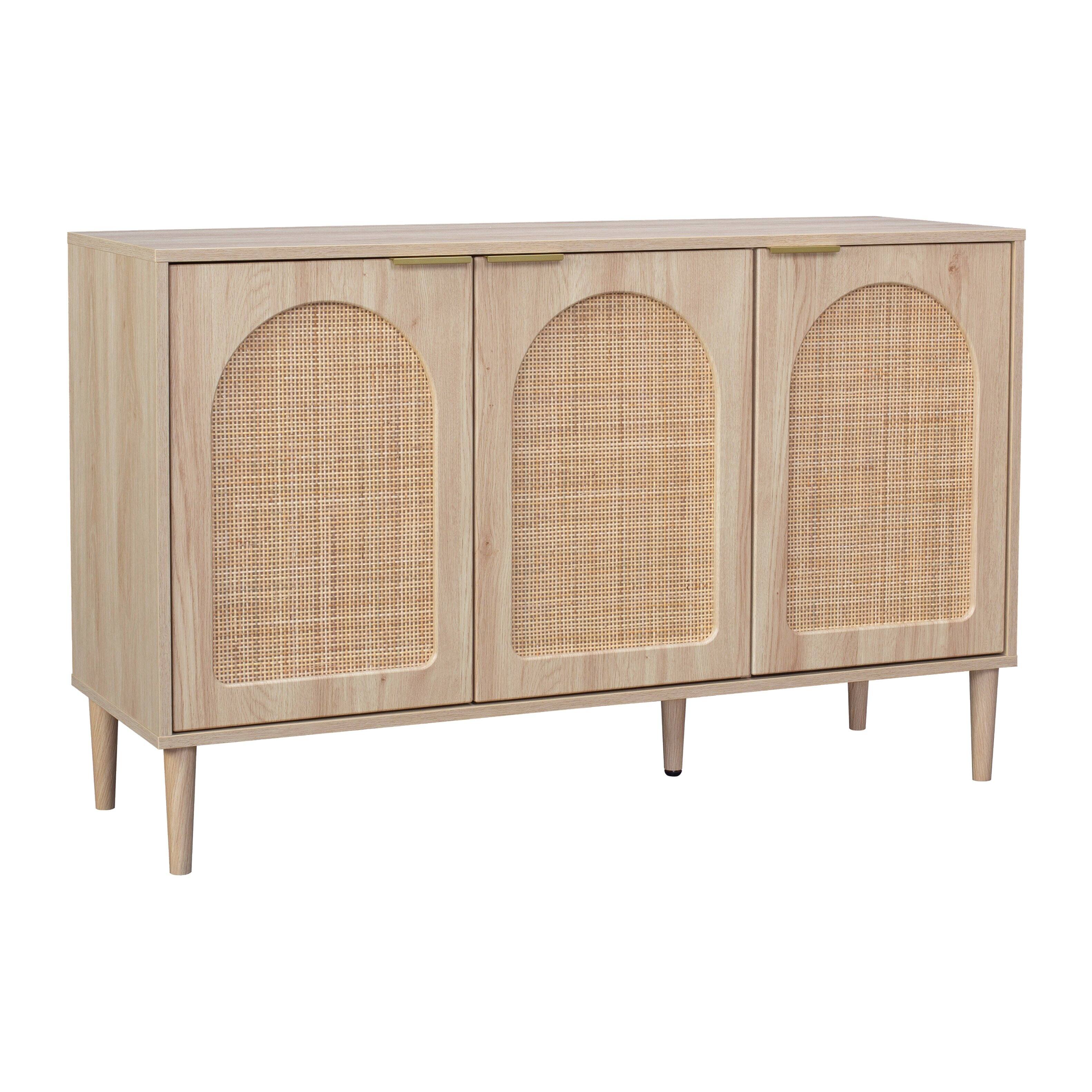 Angle. CorLiving - CorLiving Freya Engineered Wood Sideboard with 3 Arched Rattan Doors and 4 Internal Shelves - Light Brown.