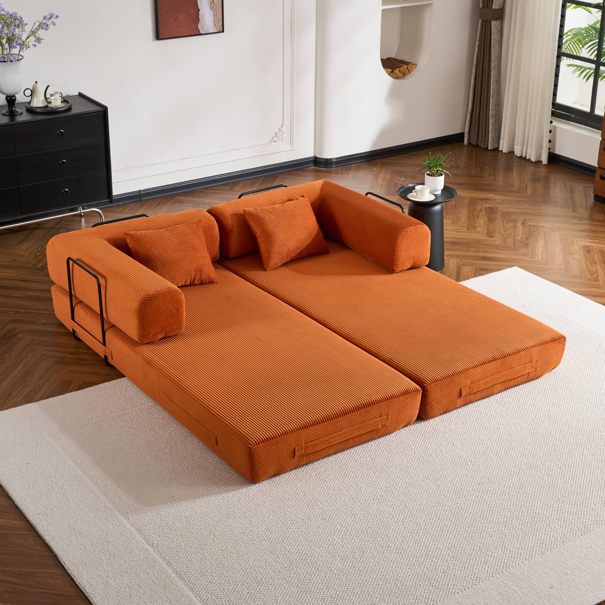 Alt View 5. GOODSILO - Convertible Sleeper Sofa in Cylindroy Fabric | Features a Cylindrical Pillow & Space-Saving Foldable Design - Orange.
