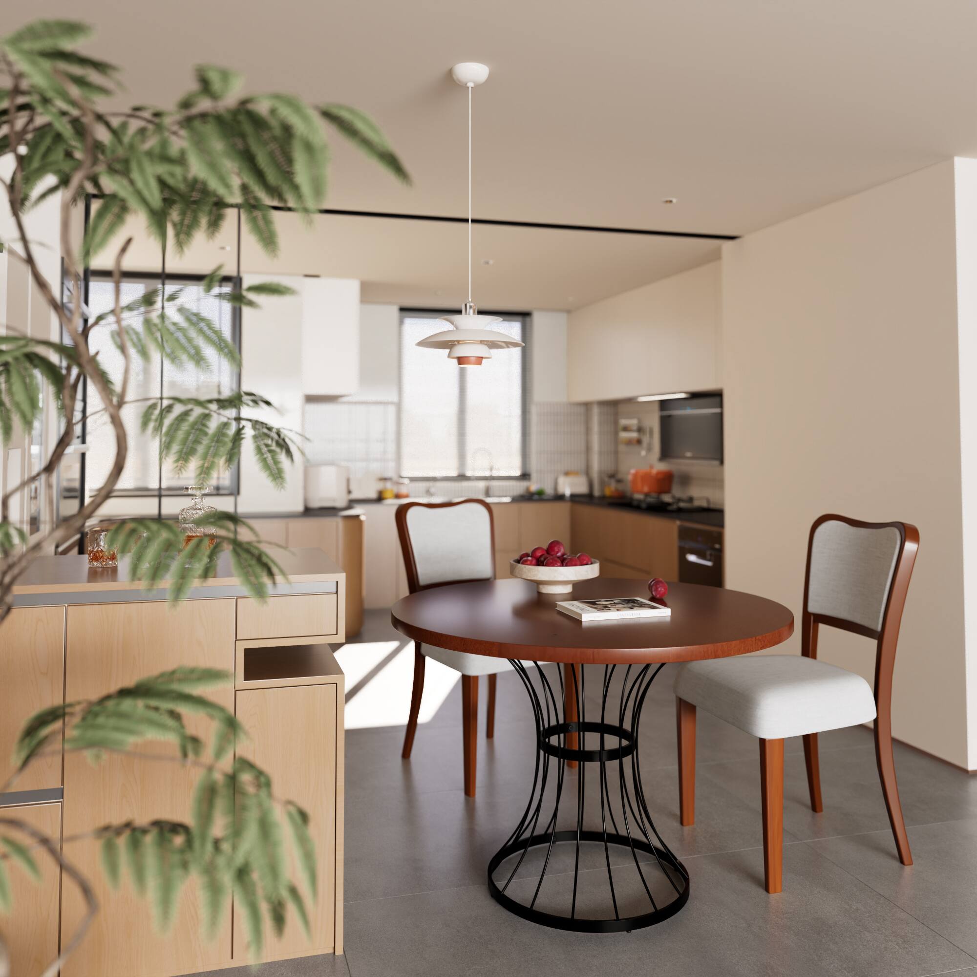 Front. TinyHomie - 42in Round Oak Dining Set – Solid Wood-Look Veneer Table and 2 Upholstered Walnut-Finish Chairs Heavy-Duty Iron Base - Beige and Black and Walnut.